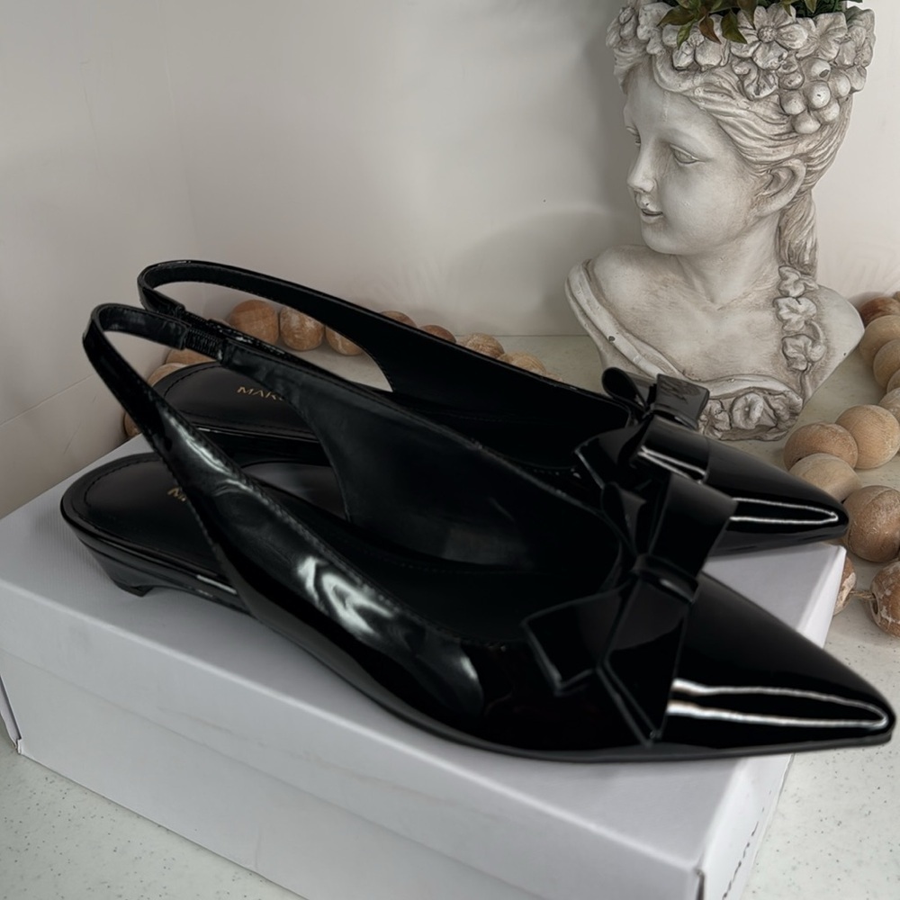 Marc Fisher Black Patent Pointed Toe Slingback Flats with Bow - Picture 13 of 13